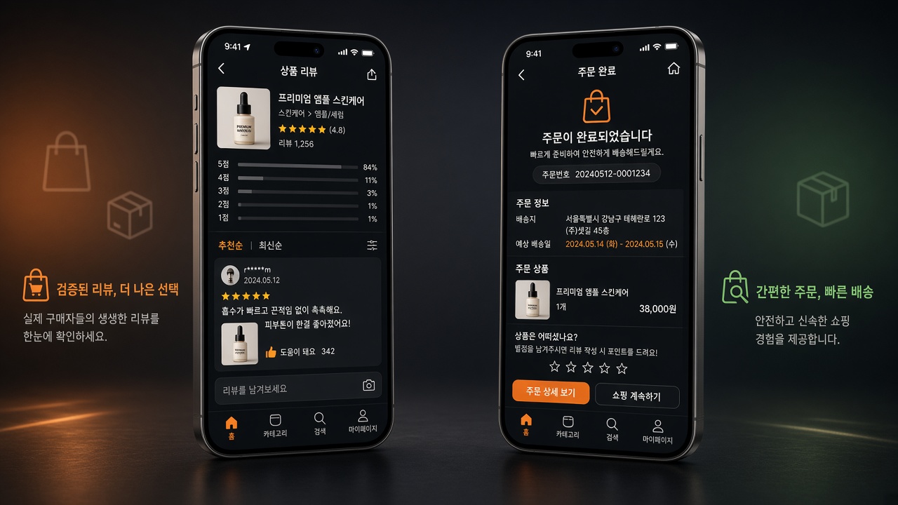 쿠팡·네이버쇼핑 상품리뷰·주문완료 화면으로 가구매리뷰 패키지 안내