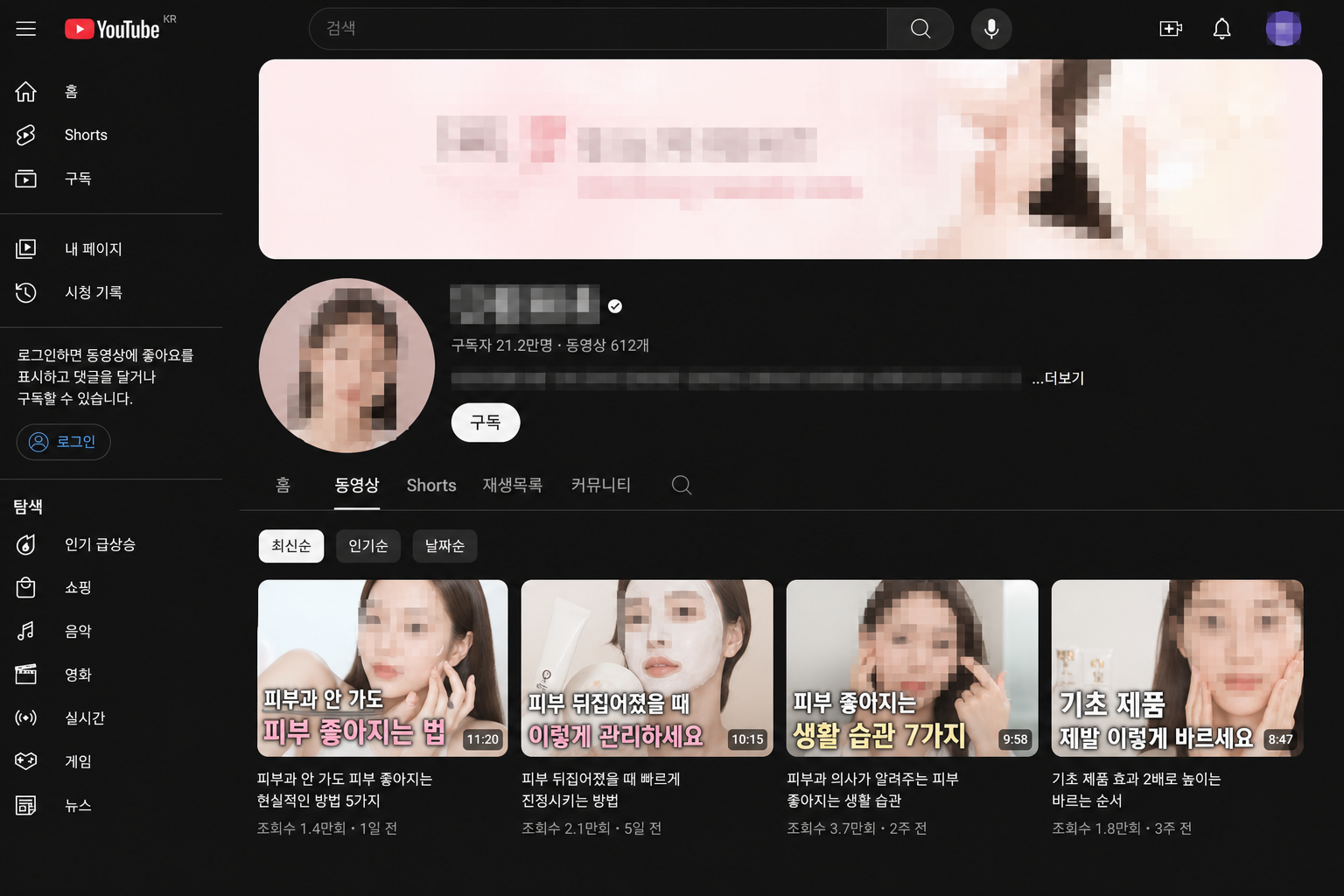 유튜브 채널 화면(채널명·얼굴 모자이크)