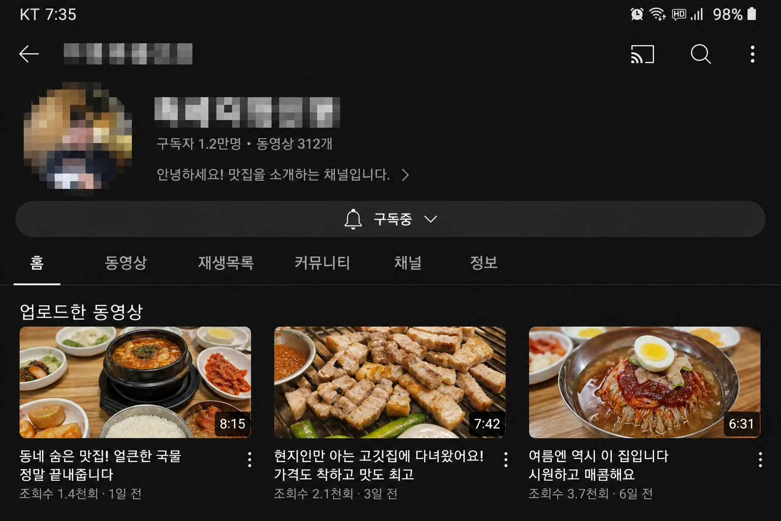 유튜브 채널 홈 화면(모자이크)